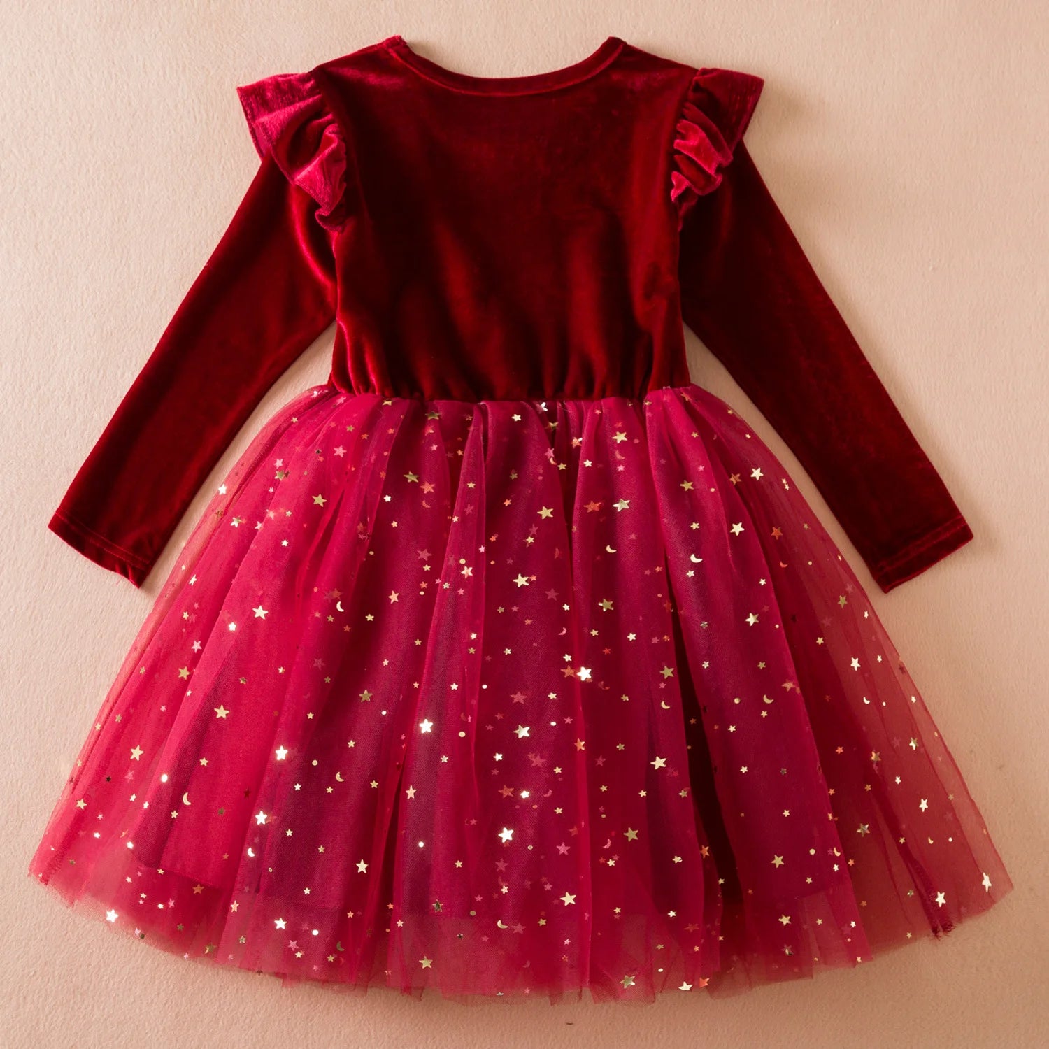 Girls' Red Velvet Christmas Dress with Glitter Star Tulle