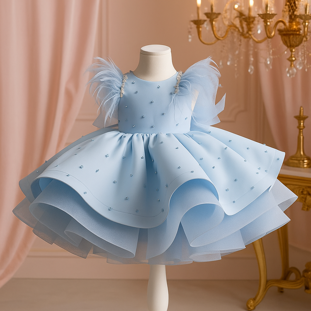 Traumprinzessin Blaues Mädchenkleid mit Perlen und Tüll