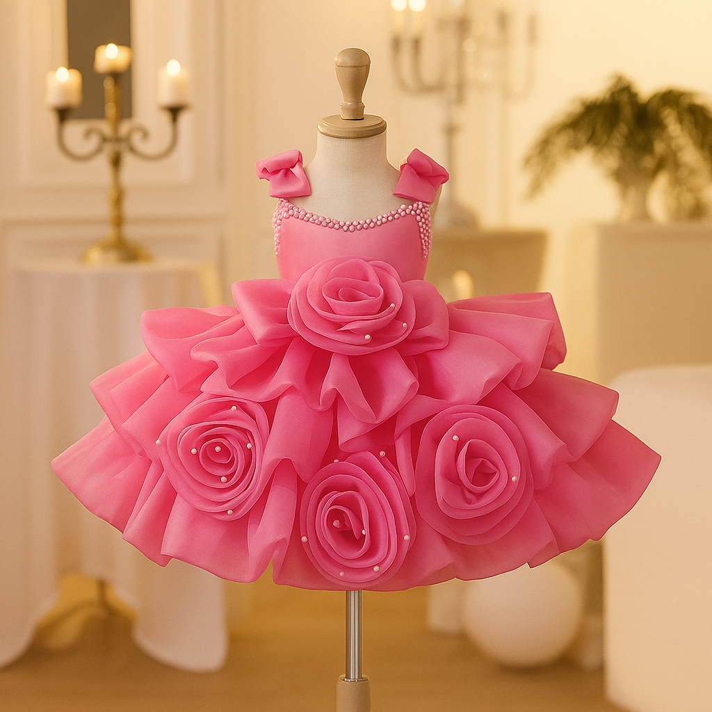 Vestido infantil rosa de lujo con lazos