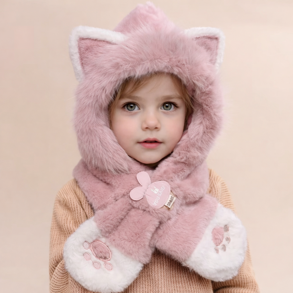Blush Pink Kitty Plush Hooded Scarf for Kids
