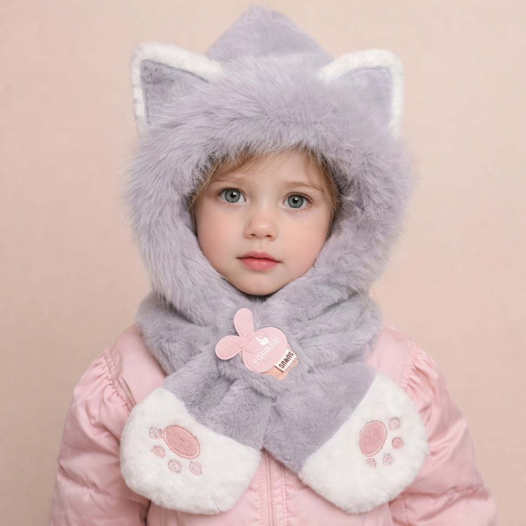 Grey Kitty Plush Hooded Scarf for Kids