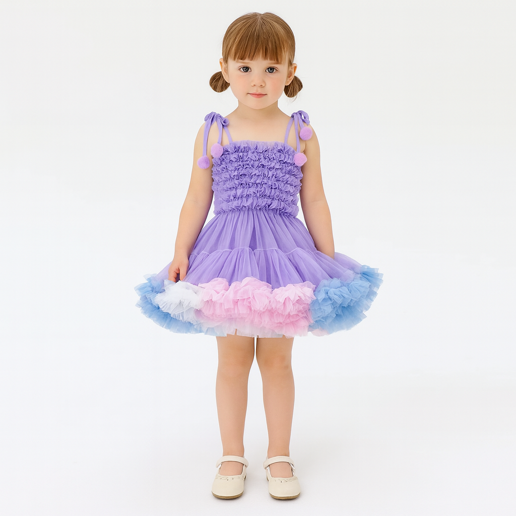 Pink & Purple Ruffle Pompom Tutu Dress