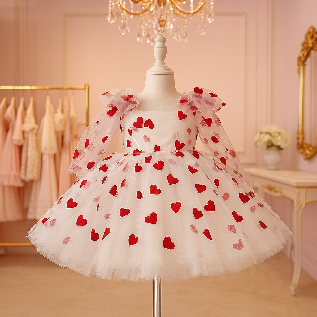 Little Girls’ White Tulle Dress with Red Hearts