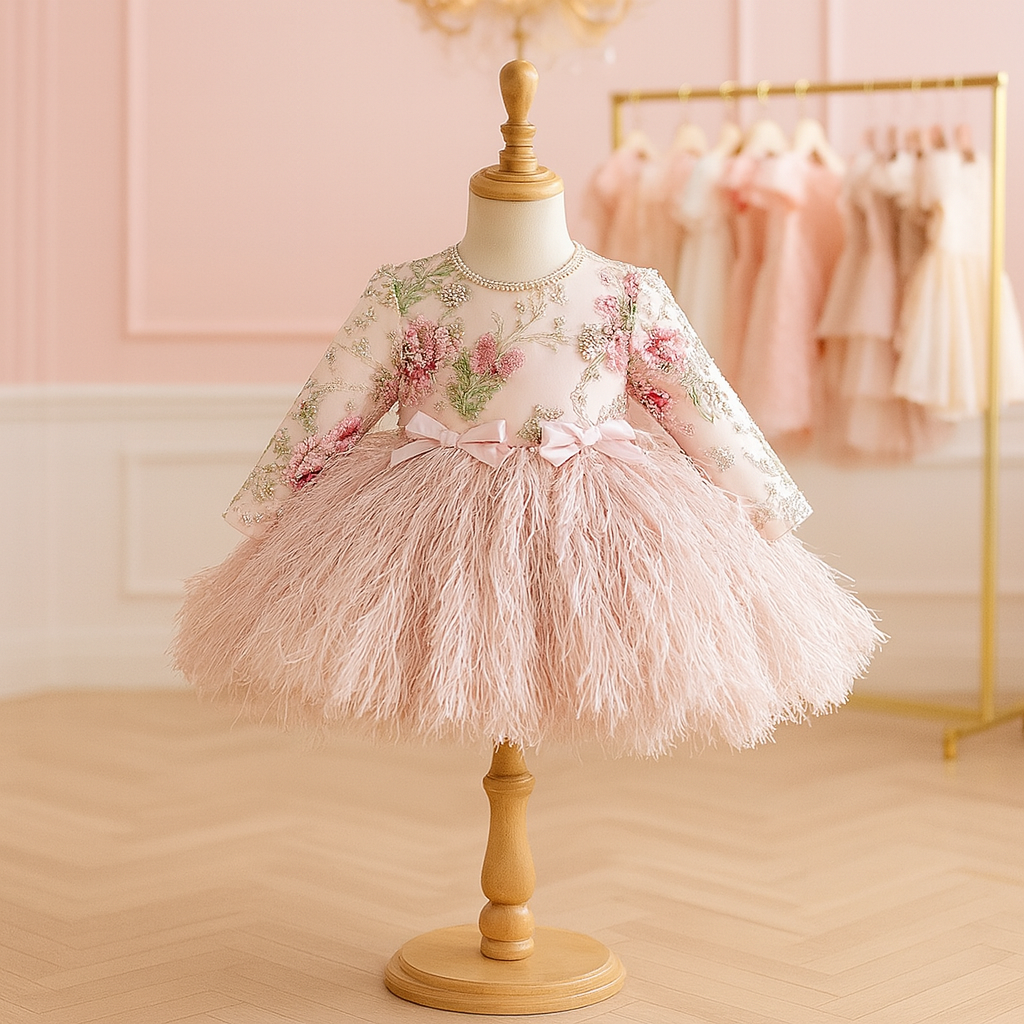 Deluxe Pink Feather & Floral Embroidered Dress