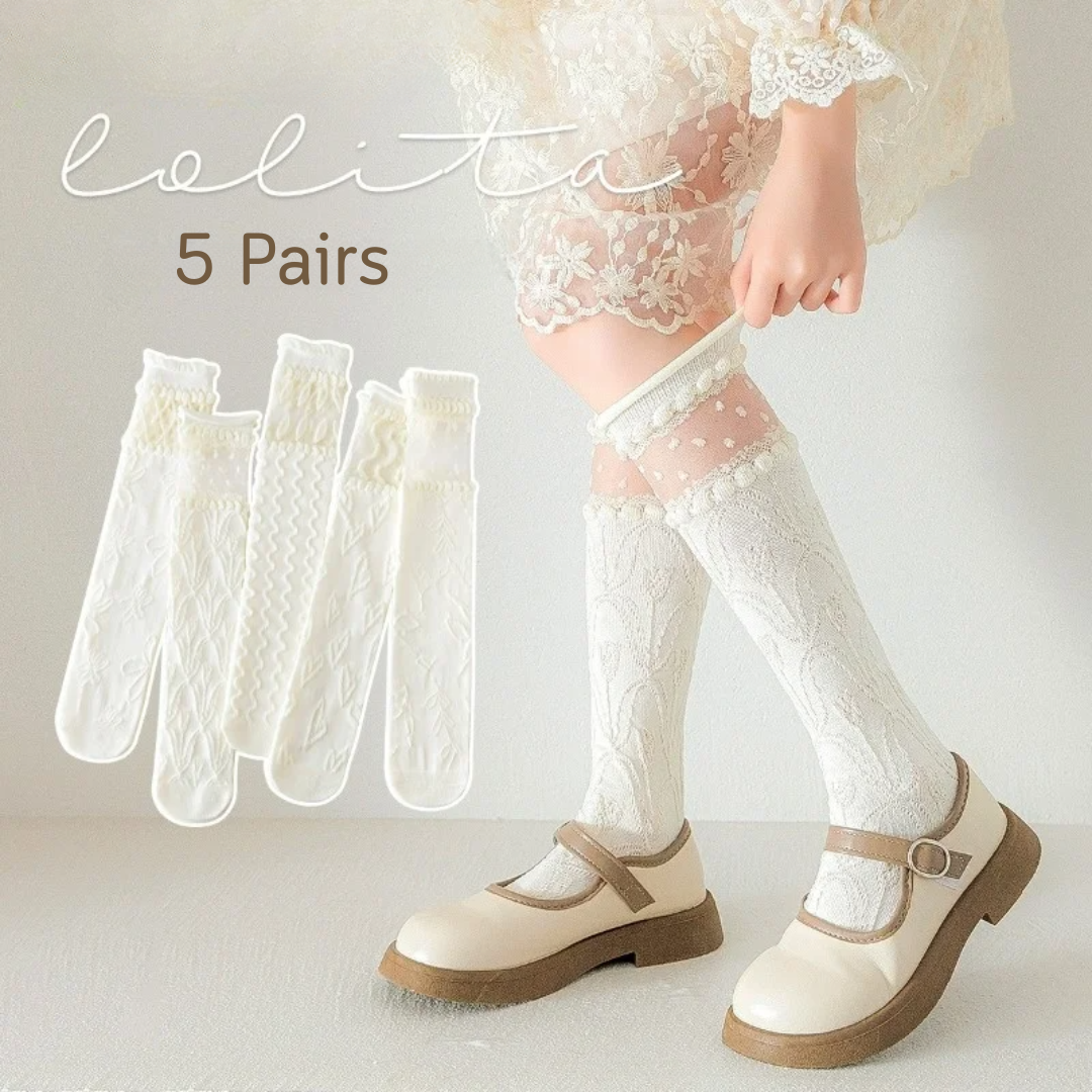 Lolita Textured Knee-High Socks Set – 5 Pairs of Romantic Elegance for Girls