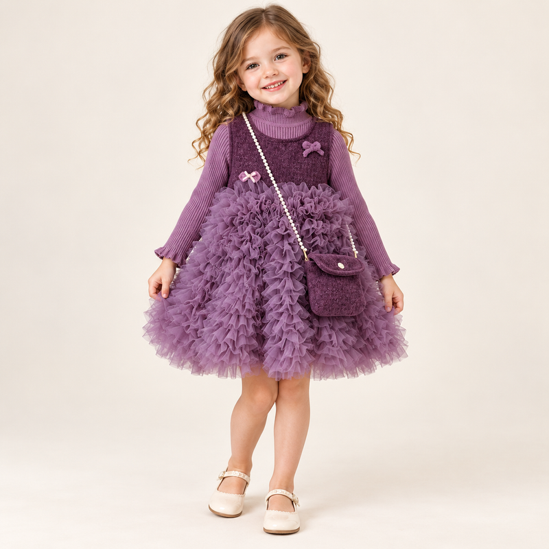 Girls Tulle Ruffle Dress Set with Ribbed Knit Top