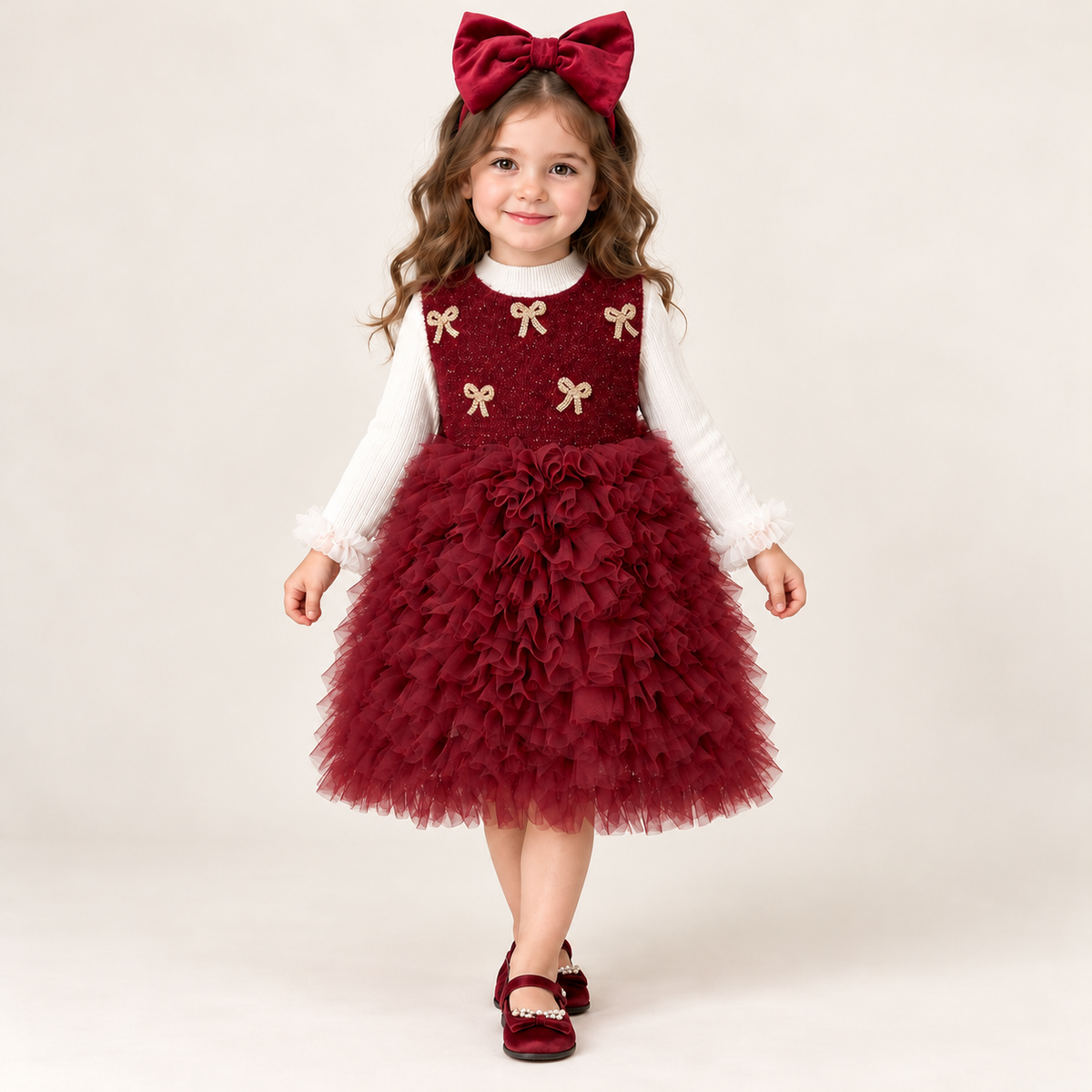 Girls Velvet & Tulle Christmas Dress Set with Knit Top