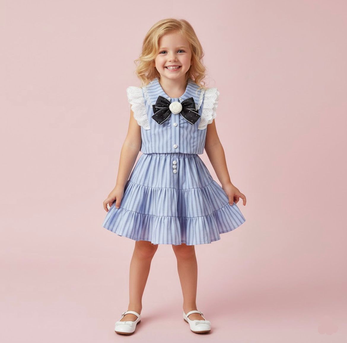 Bluebell Bow Girls Striped Skirt Set