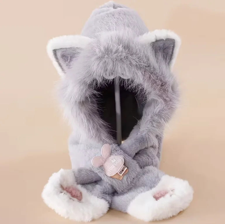 Grey Kitty Plush Hooded Scarf for Kids