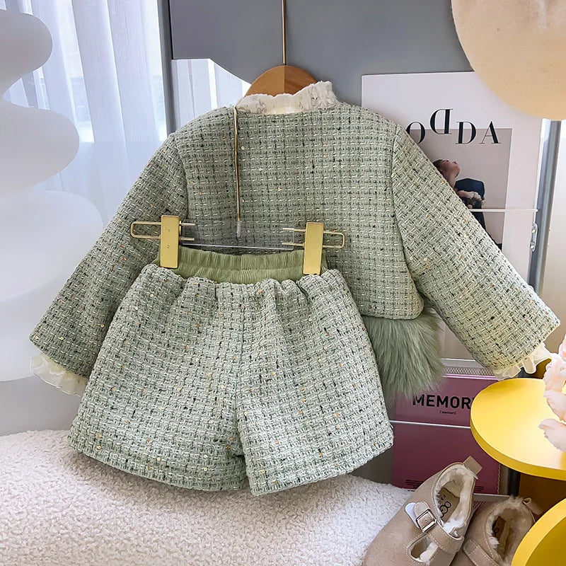 Green Tweed & Faux Fur Girls' Set