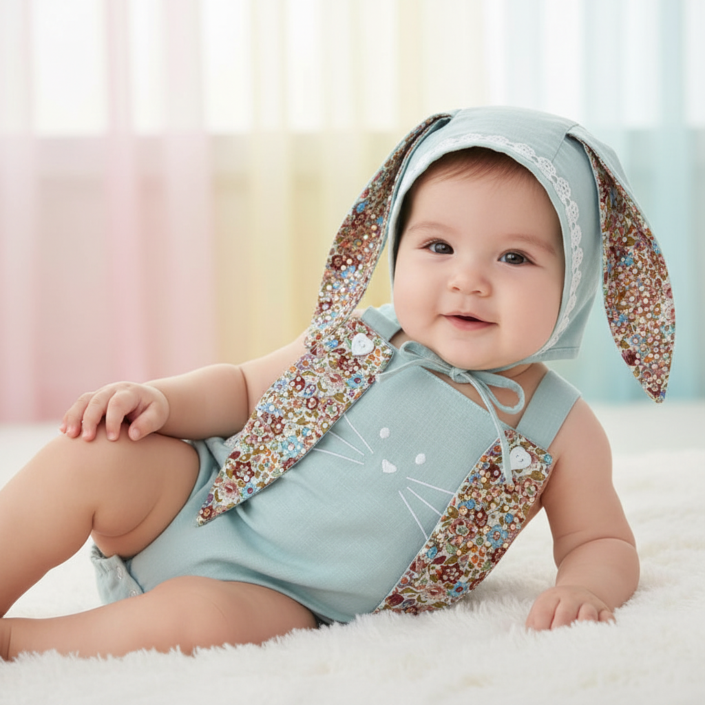 Baby Bunny Romper Set with Bonnet – Soft Blue