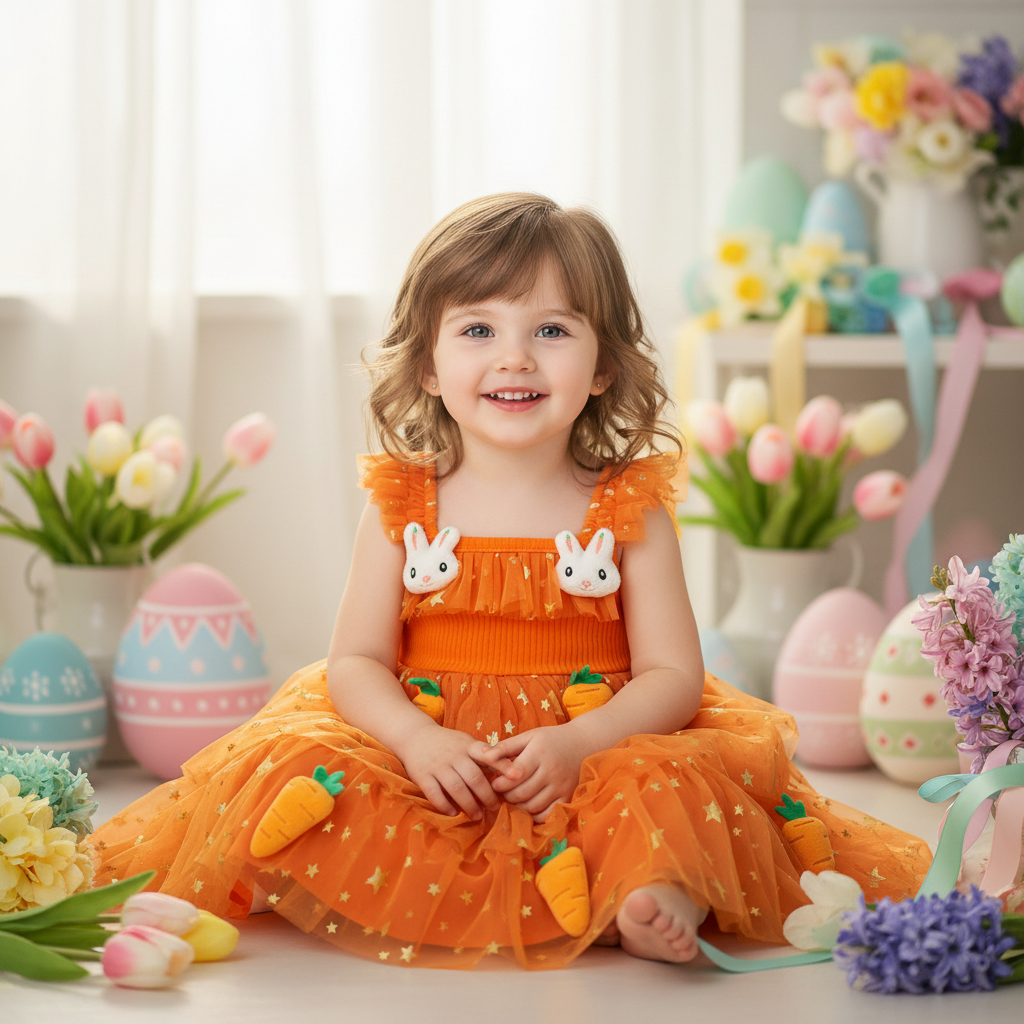 Girls’ Dress Bunny Princess Orange Tulle Dress