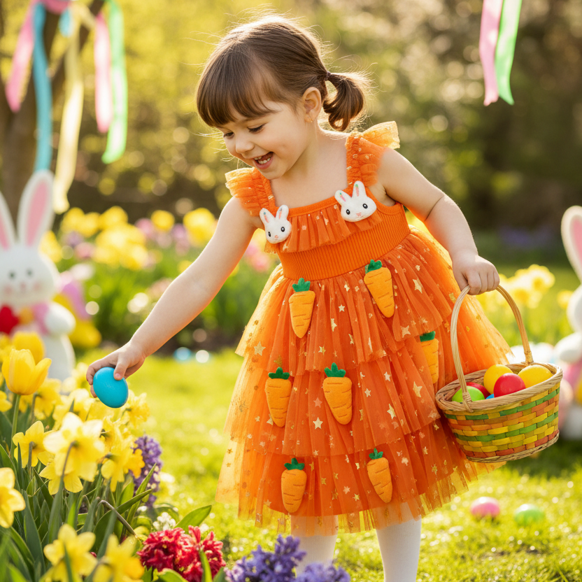 Girls’ Dress Bunny Princess Orange Tulle Dress