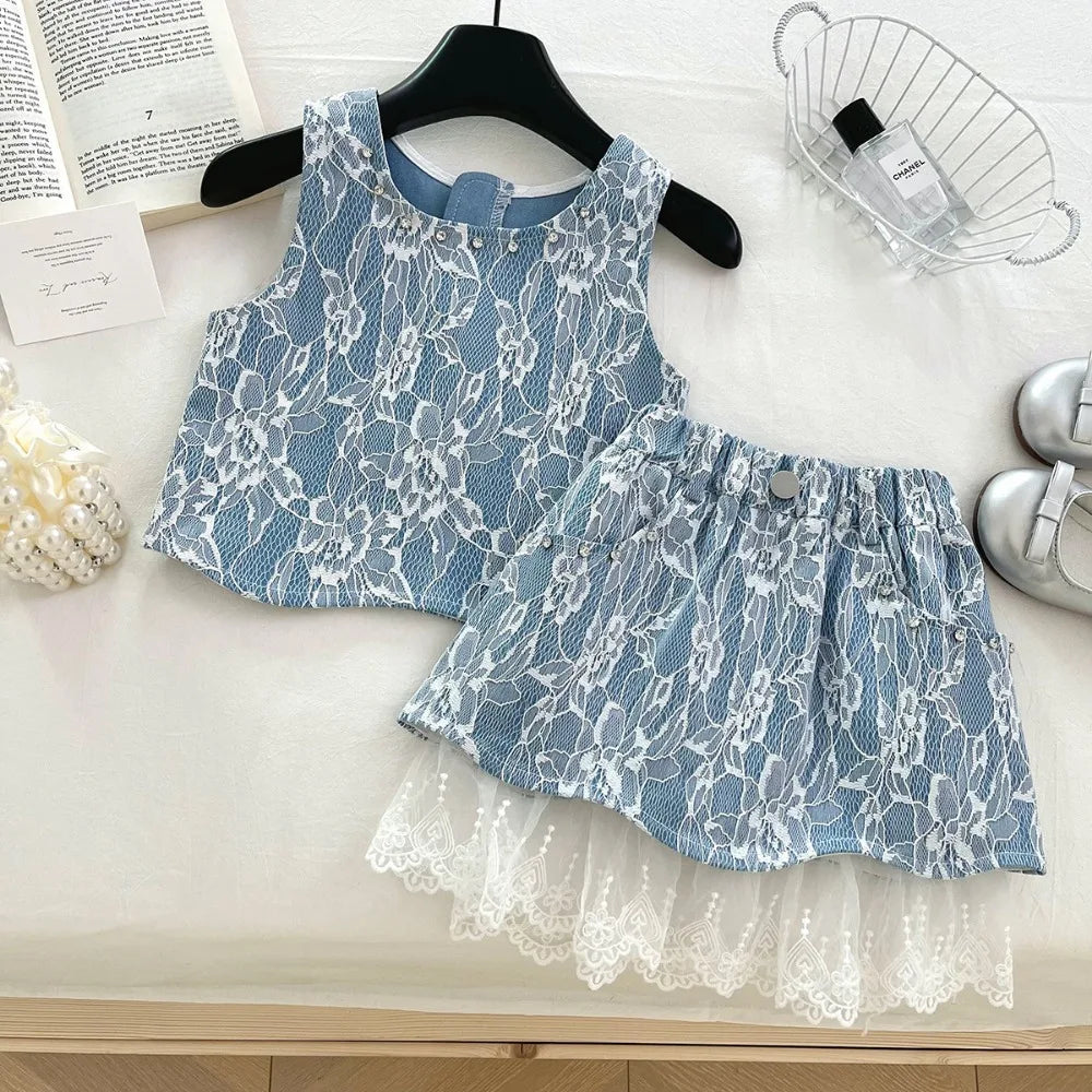Lace Blossom Blue & White Girls Set