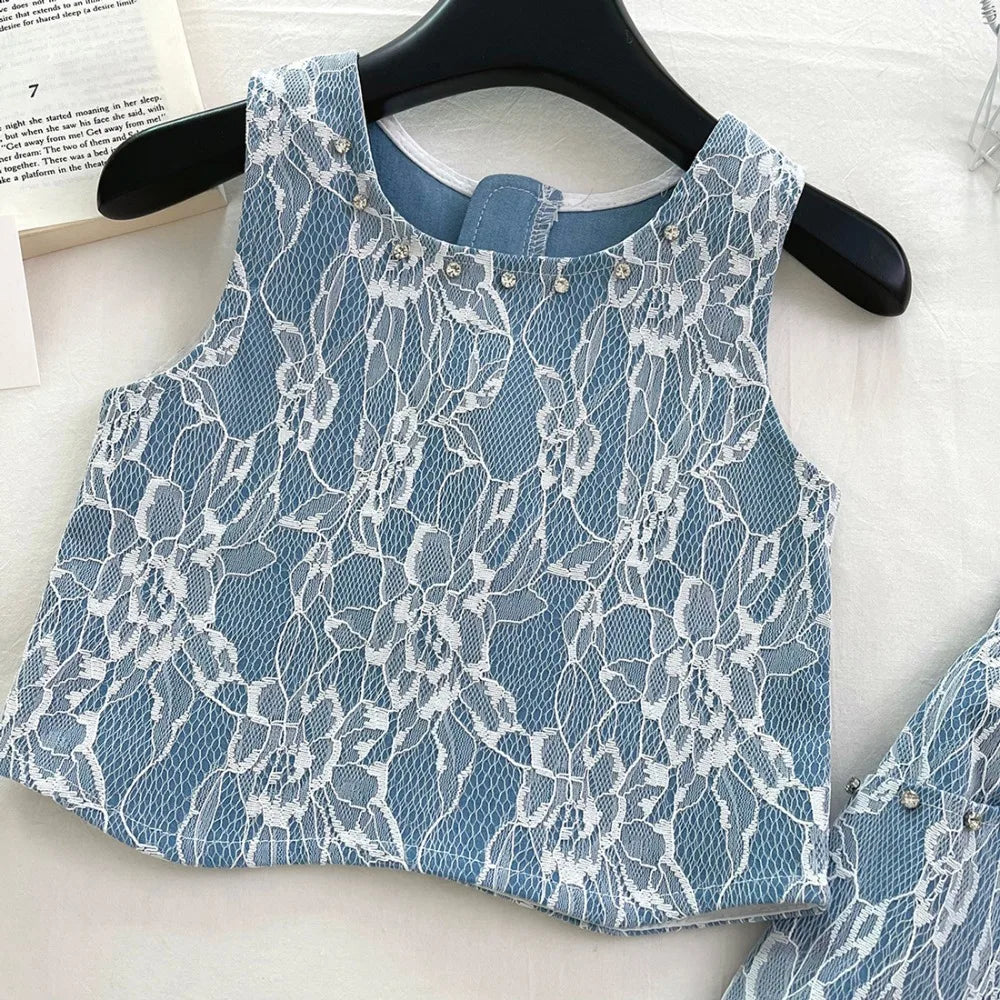 Lace Blossom Blue & White Girls Set