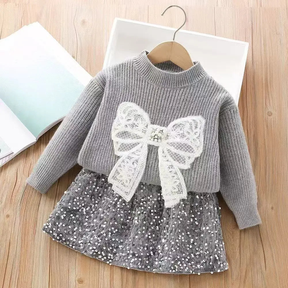 Glitter Bow Knit Set for Girls