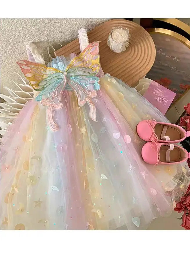 Girls’ Rainbow Princess Dress with Butterfly Wings