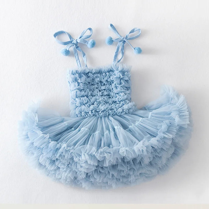 Blue Ruffle Pompom Tutu Dress