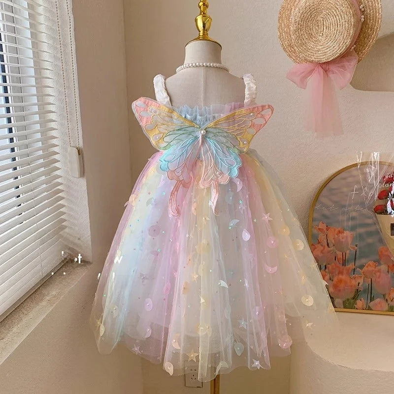 Girls’ Rainbow Princess Dress with Butterfly Wings