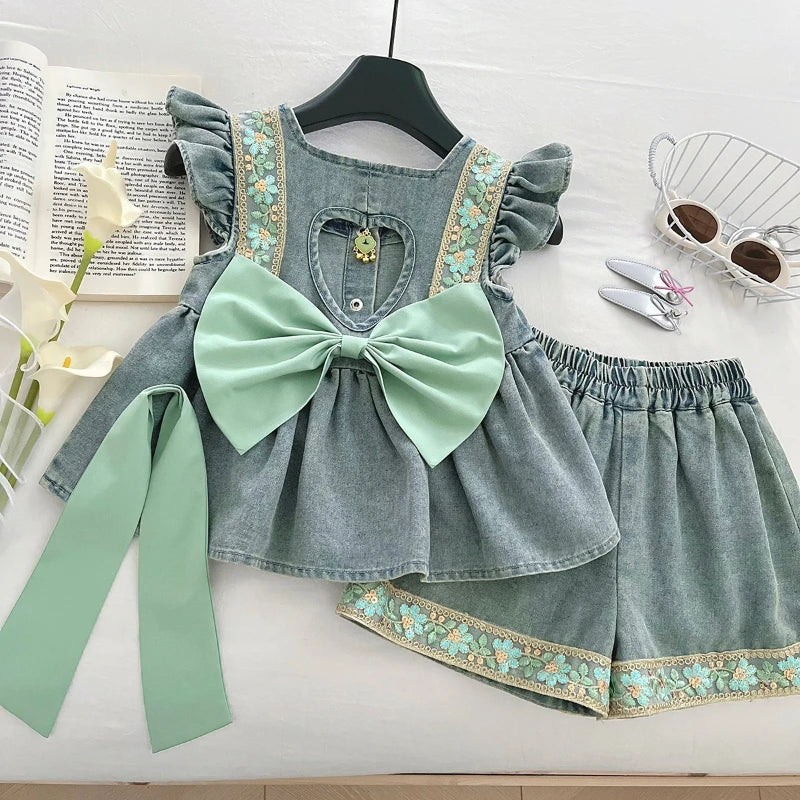 Floral Denim Green Bow Girls Set