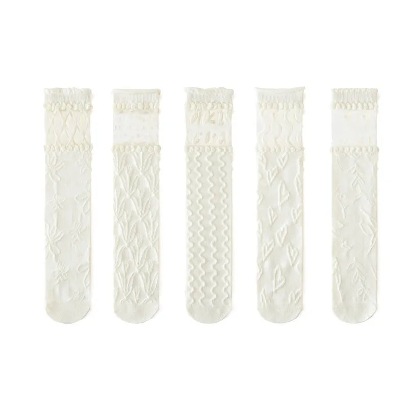Lolita Textured Knee-High Socks Set – 5 Pairs of Romantic Elegance for Girls