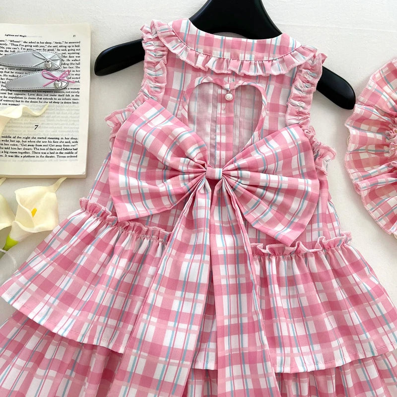 Sweetheart Bow Pink Plaid Dress for Girls