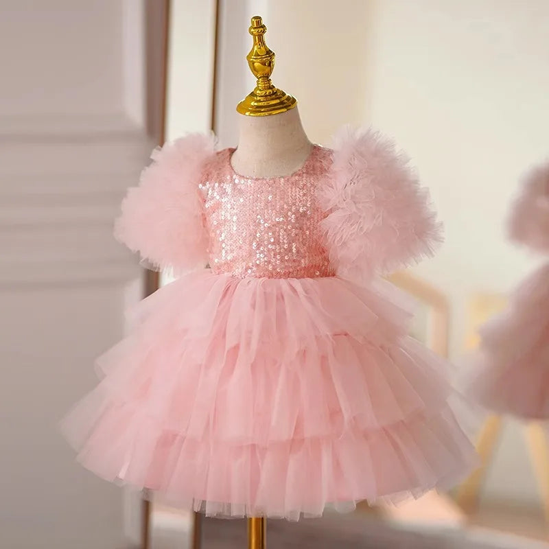Vestido de fiesta estilo princesa de tul rosa con lentejuelas