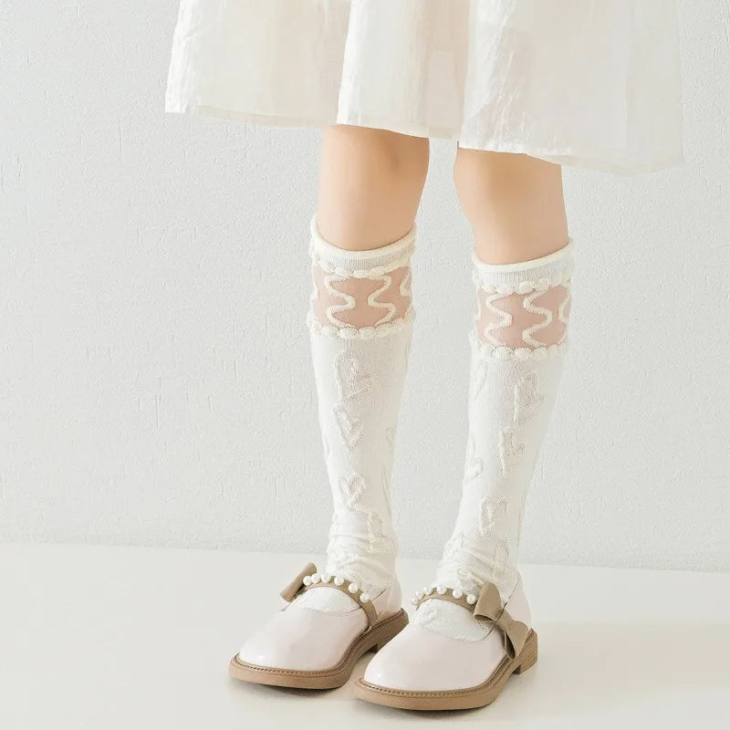 Lolita Textured Knee-High Socks Set – 5 Pairs of Romantic Elegance for Girls