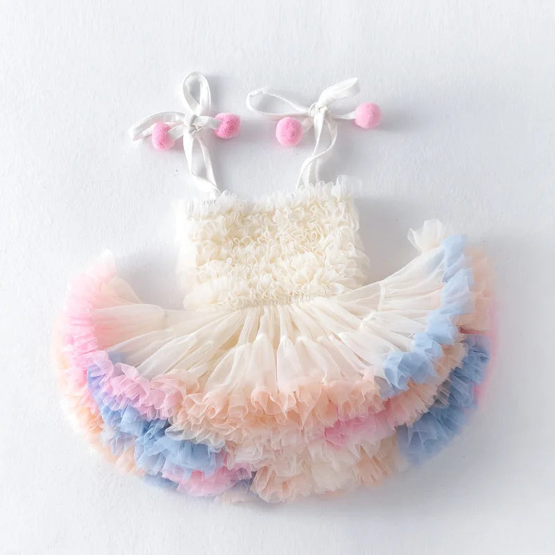 Rainbow Ruffle Pompom Tutu Dress