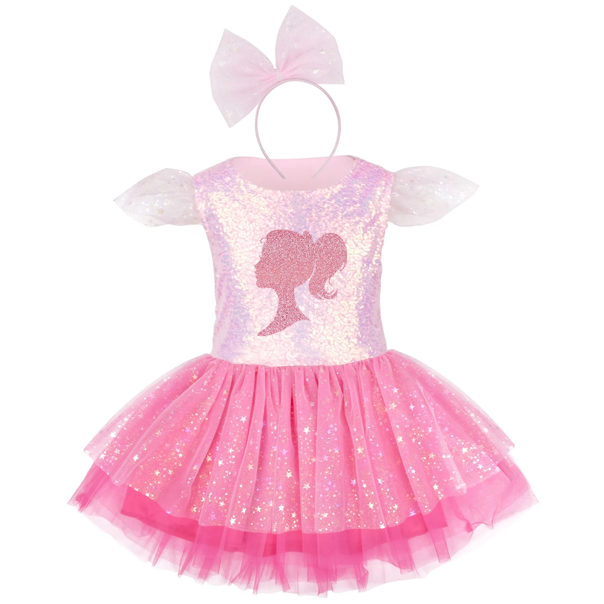 Rosa Glamour-Puppenkleid für Mädchen mit Schleifen-Tiara