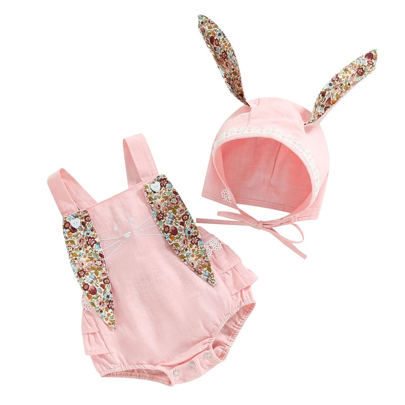 Baby Bunny Romper Set with Bonnet – Soft Pink