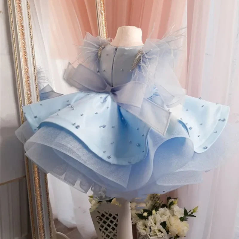 Traumprinzessin Blaues Mädchenkleid mit Perlen und Tüll
