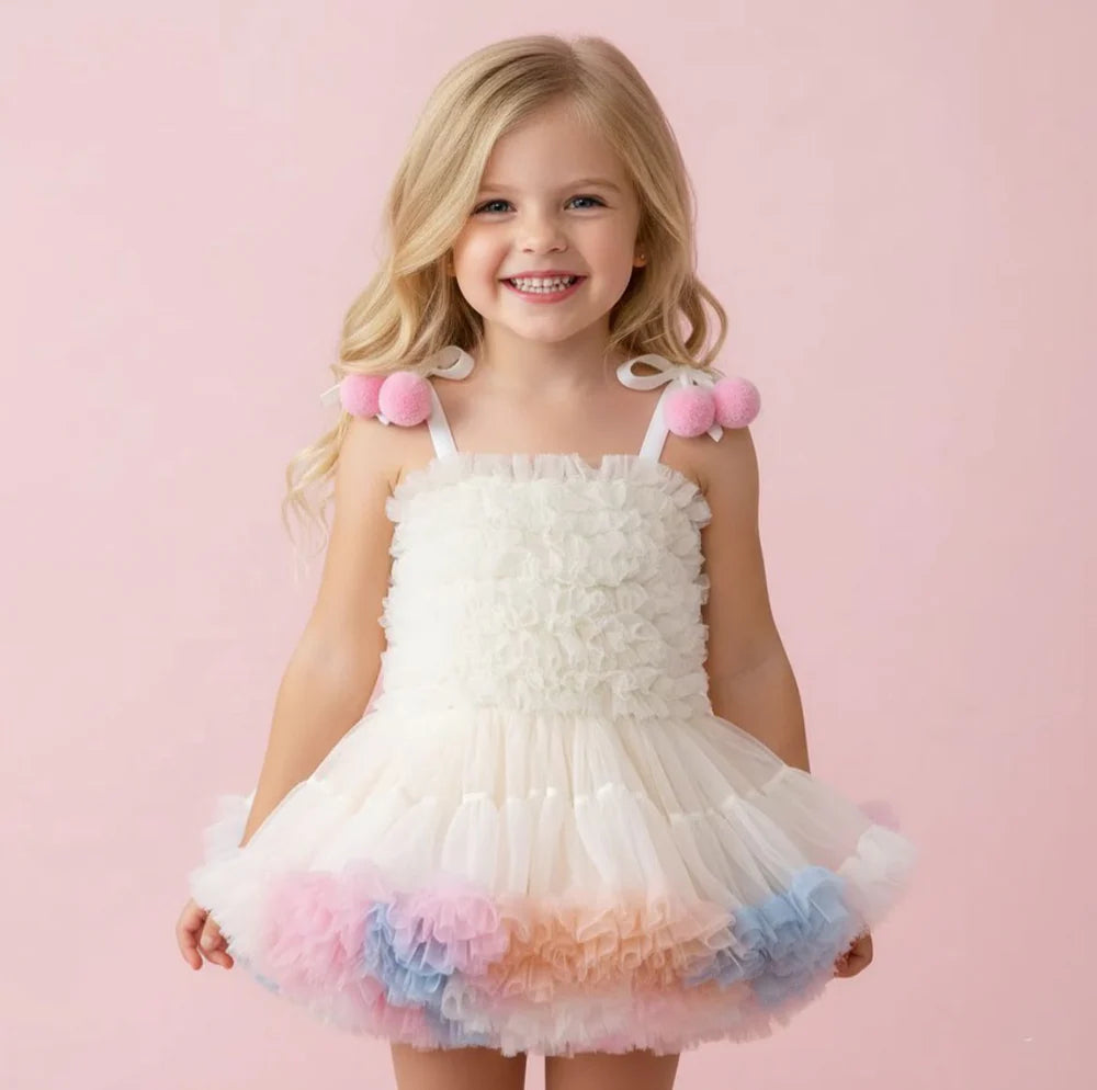 Rainbow Ruffle Pompom Tutu Dress