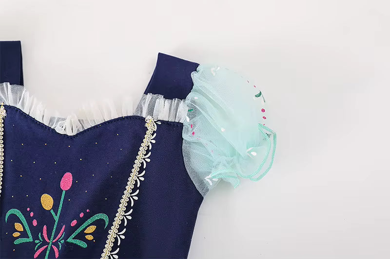 Kids' puffy princess tutu dress in shimmering winter blue, full-length view for ballet and dress-up play