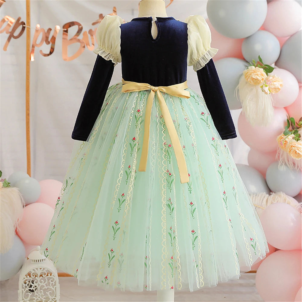 Autumn Princess blue and green gown costume for girls, detail view – Magic Tree Kids