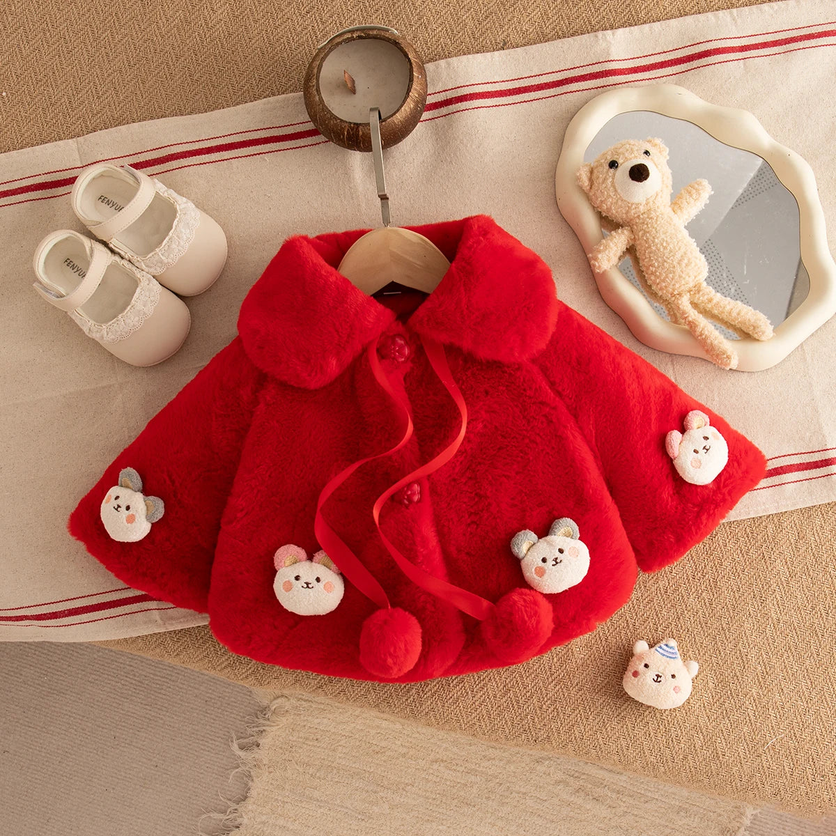 Red baby girl faux fur cape with teddy bears, a Christmas outfit for babies