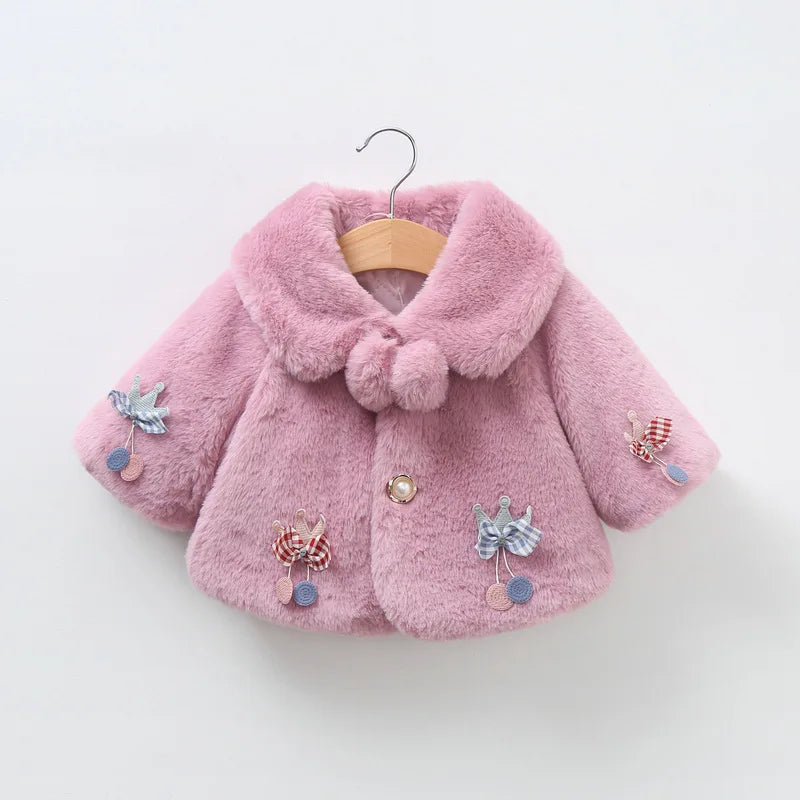 Dusty rose baby girl faux fur coat with crown and bow appliqués