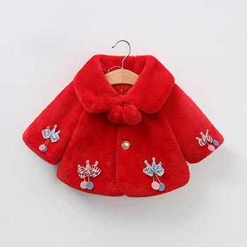 Red plush faux fur jacket for baby girls 0-18 months