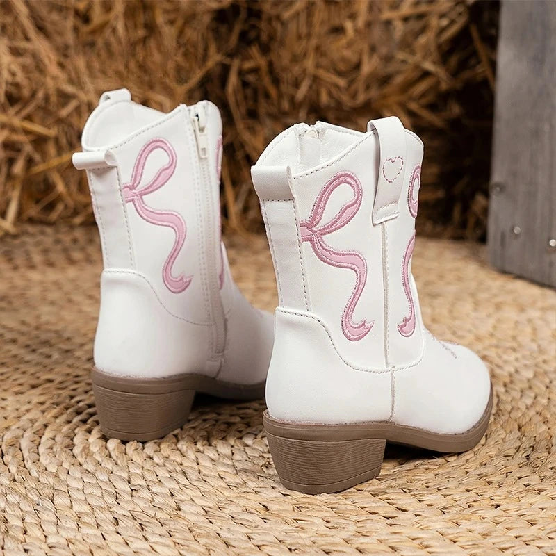 Round-toe low-heel girls' western boots in white and pink