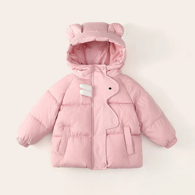 Khaki hooded winter jacket with cartoon animal ears detail