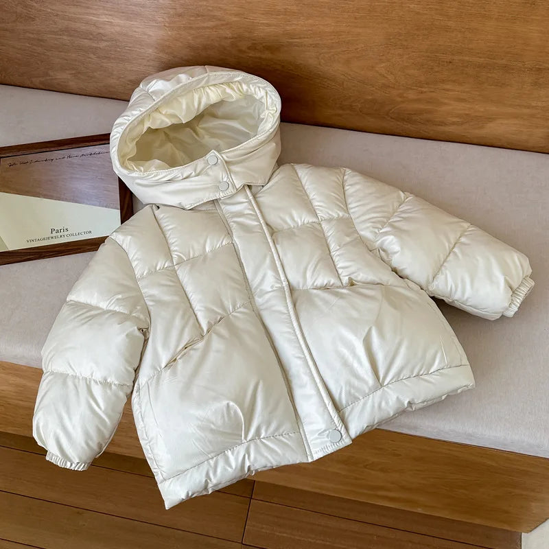 Cozy hooded puffer coat shown in soft solid color