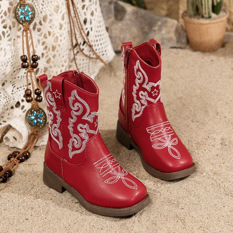 Square-toe ankle cowgirl boots with cute embroidery detail