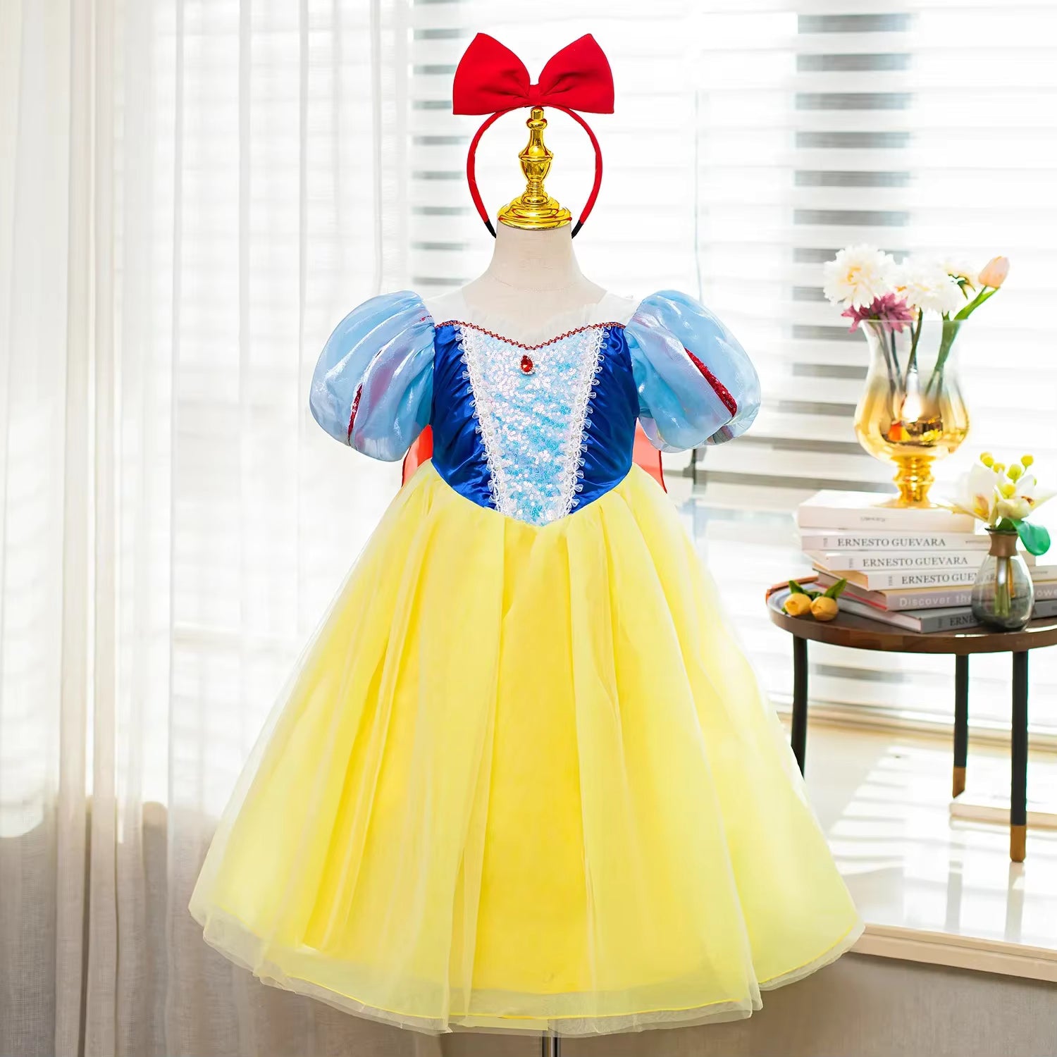 Storybook princess costume dress with puffed sleeves and full twirl skirt