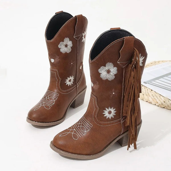 Floral cowgirl knee-high boots for girls by Magic Tree Kids with embroidered flowers and fringe
