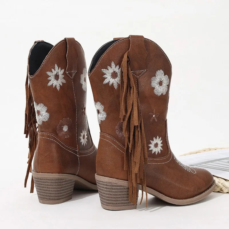 Close-up of floral embroidery on kids' cowgirl boots