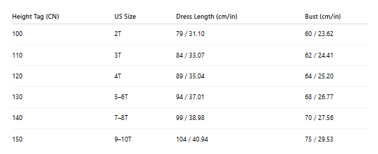 Frostlight Queen costume size chart with age, height in cm, US and EU sizes β Magic Tree Kids