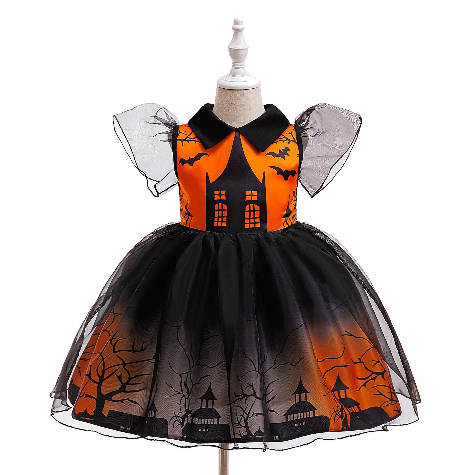 Girls' Ghost Castle Halloween tutu dress in orange and black by Magic Tree Kids