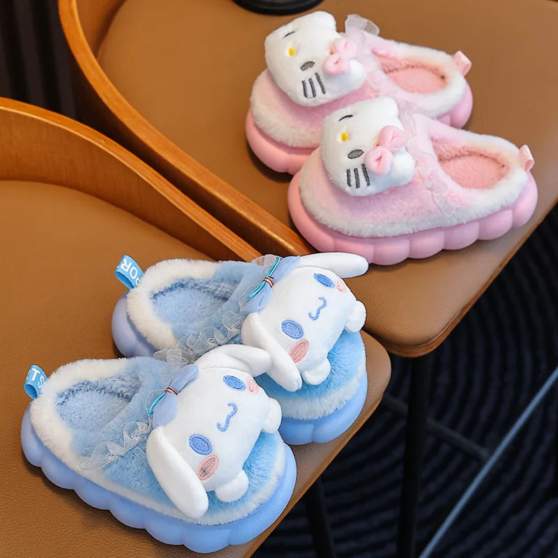 Sky blue and pink girls 3D plush cloud slippers