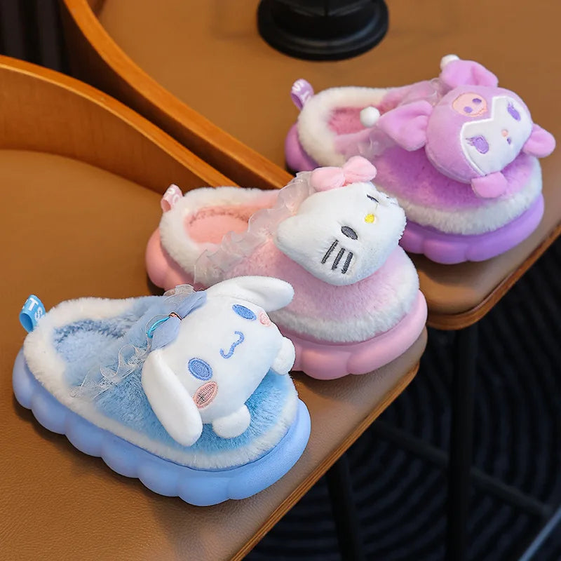 Girls 3D plush character cloud slippers in sky blue, pink and lavender