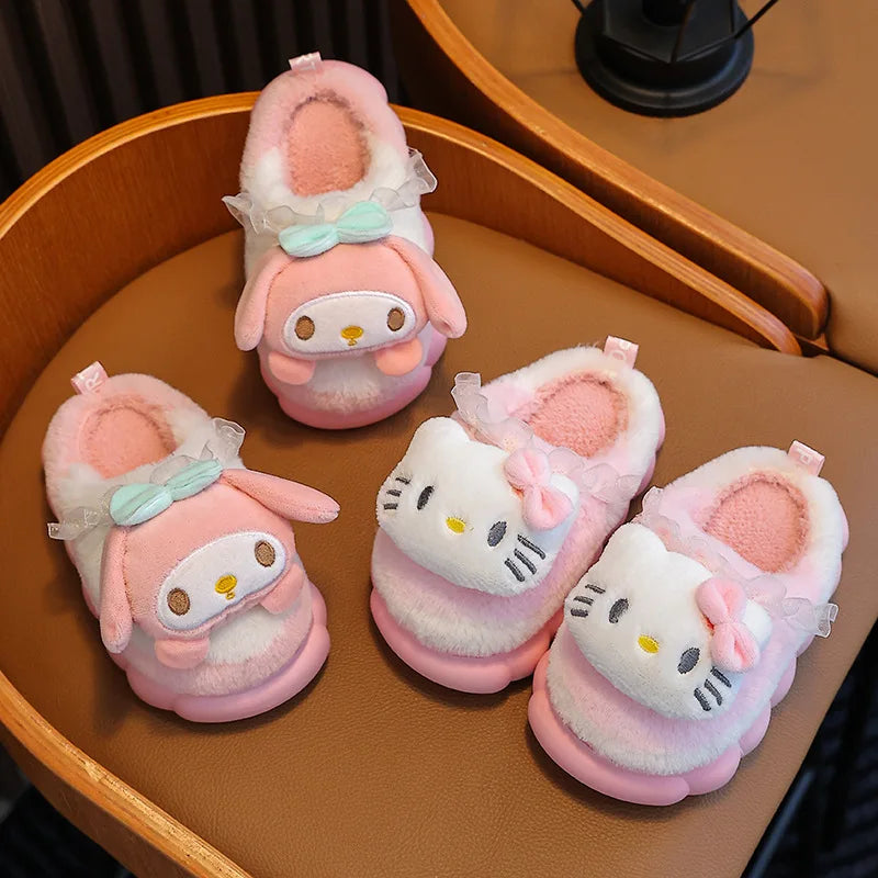 Pink girls 3D plush cloud slippers with bows